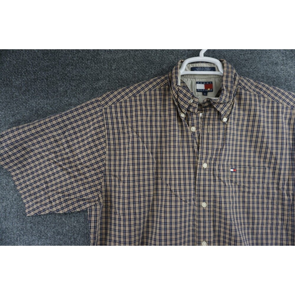 Vintage Tommy Hilfiger Shirt Men Medium Brown Gingham Plaid Short Sleeve Cotton